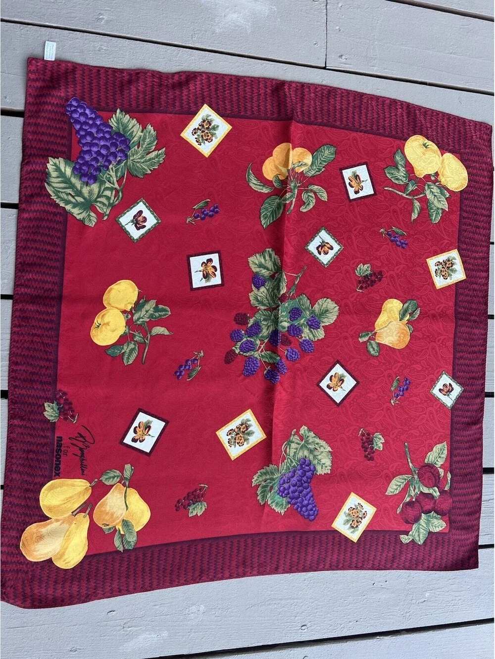 R Zanghellini for Nasonex Silk Red Scarf Ornate Fruit  34x34